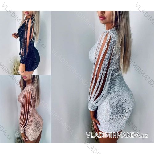 Elegantes Damen Langarm Kleid mit Pailletten (uni sl) ITALIENISCH MODA IM917391