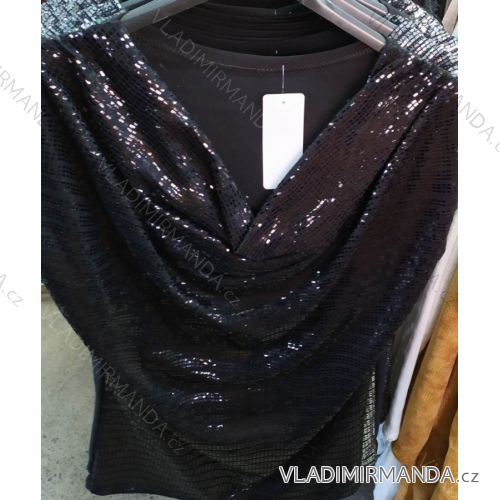 T-Shirt mit Pailletten, kurzen Ärmeln, freiliegenden Schultern, Damen (uni s-l), ITALIAN FASHION IM72022
