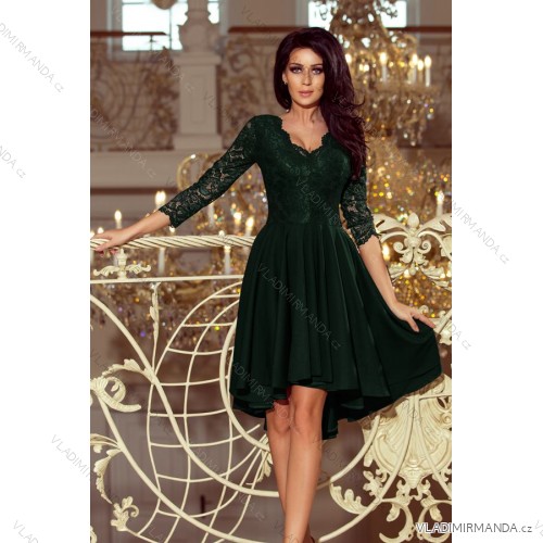 210-3 NICOLLE - Kleid mit längerem Rücken und Spitzenausschnitt - Dunkelgrün
