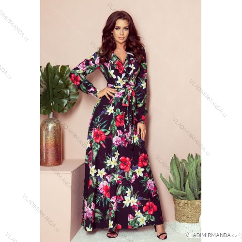 245-3 Langes Kleid mit Rüschen und Dekolleté - rote Blüten
