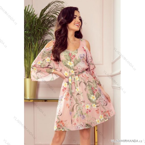 292-1 MARINA dünnes Kleid mit Ausschnitt - rosa mit Blumen
