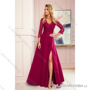 309-1 AMBER elegant lace long dress with a neckline - Burgundy color