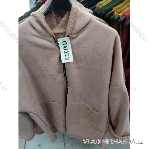 Damen Langarm Mantel Fleece mit Kapuze (uni sl) ITALIAN FASHION IM419888