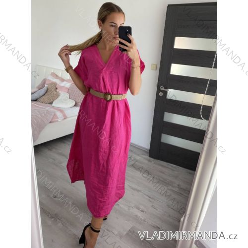 Kurzärmliges Maxikleid aus Leinen für Damen (M/L/XL ONE SIZE) ITALIAN FASHION IMWA222857