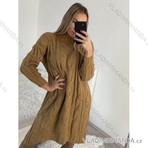 Šaty pletené dlouhý rukáv dámské (S/M ONE SIZE) ITALSKÁ MÓDA IMWAA223619 L / XL braun