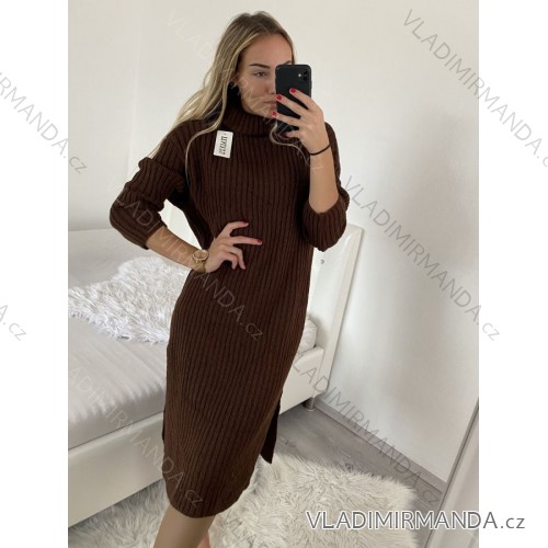 Šaty pletené s rolákem dlouhý rukáv dámské (S/M/L/XL ONE SIZE) ITALSKÁ MÓDA IMWA224000 L / XL brown Schokolade