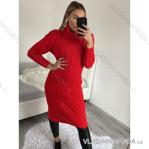 Šaty pletené s rolákem dlouhý rukáv dámské (S/M ONE SIZE) ITALSKÁ MÓDA IMWB22341 rot S/M