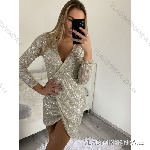 Šaty elegantní společenské třpytivé flitrové dlouhý rukáv dámské (S/M ONE SIZE) ITALSKÁ MÓDA IMM228558