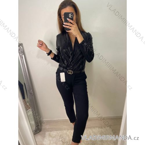 Kalhoty strečové s páskem dlouhé dámské (S-2XL) ITALSKÁ MÓDA IMP22010 S Schwarz