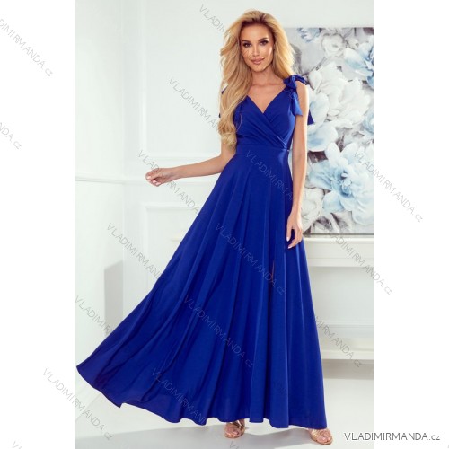 405-2 ELENA Langes Kleid mit Ausschnitt und Bändern an den Schultern - blau