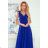 405-2 ELENA Langes Kleid mit Ausschnitt und Bändern an den Schultern - blau