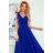 405-2 ELENA Langes Kleid mit Ausschnitt und Bändern an den Schultern - blau