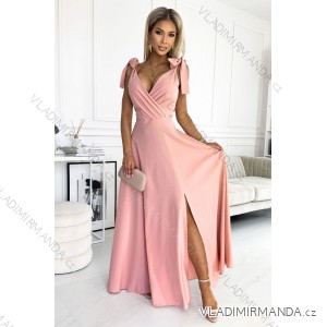 405-3 ELENA Langes Kleid mit Ausschnitt und Bändern an den Schultern - schmutziges Rosa