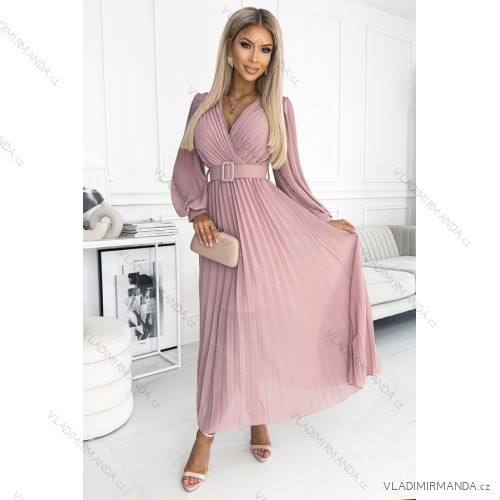 414-2 KLARA Faltenkleid mit Gürtel und Ausschnitt - Puderrosa
