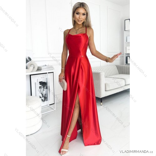 419-1 PERLA Satin langes Kleid mit Rückenausschnitt - rot