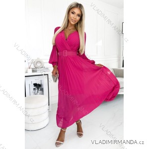 414-4 KLARA Plisseekleid mit Gürtel und Ausschnitt - fuchsia