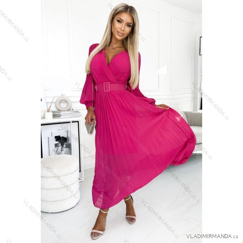 414-4 KLARA Plisseekleid mit Gürtel und Ausschnitt - fuchsia