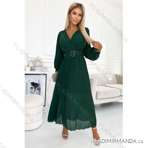 414-1 KLARA Faltenkleid mit Gürtel und Ausschnitt - flaschengrün