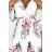 415-2 YSABEL Plissiertes Kleid mit Ausschnitt, langen Ärmeln und Gürtel - weiß mit Rosen