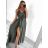Langes Sommerkleid aus Satin mit Trägern Damen mit Gürtel (UNI S / M) ITALIAN FASHION IMM22INFINITE -   grüne Erbse -   S / M
