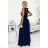 362-7 JUSTINE Langes Kleid mit Ausschnitt und Krawatte - marineblau