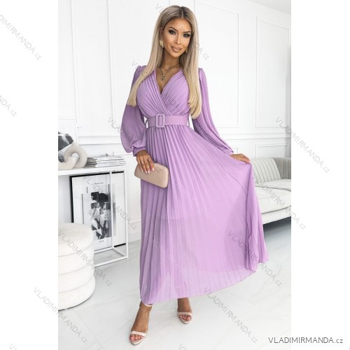 414-6 KLARA Faltenkleid mit Gürtel und Ausschnitt - Fliederfarbe